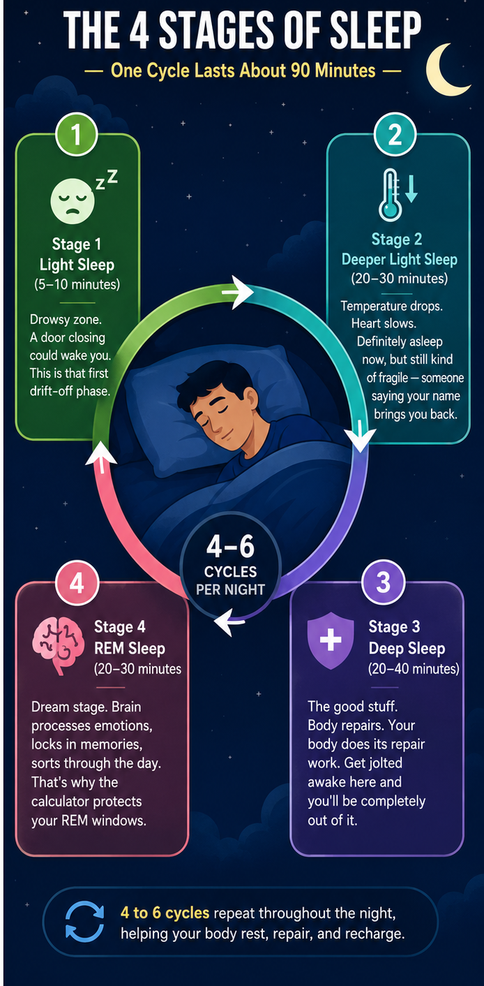 Sleep cycle stages diagram showing 4 stages of 90-minute cycle for better rest