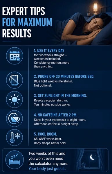 Expert tips for maximum sleep results including sleep schedule, no caffeine after 2PM, and cool room temperature